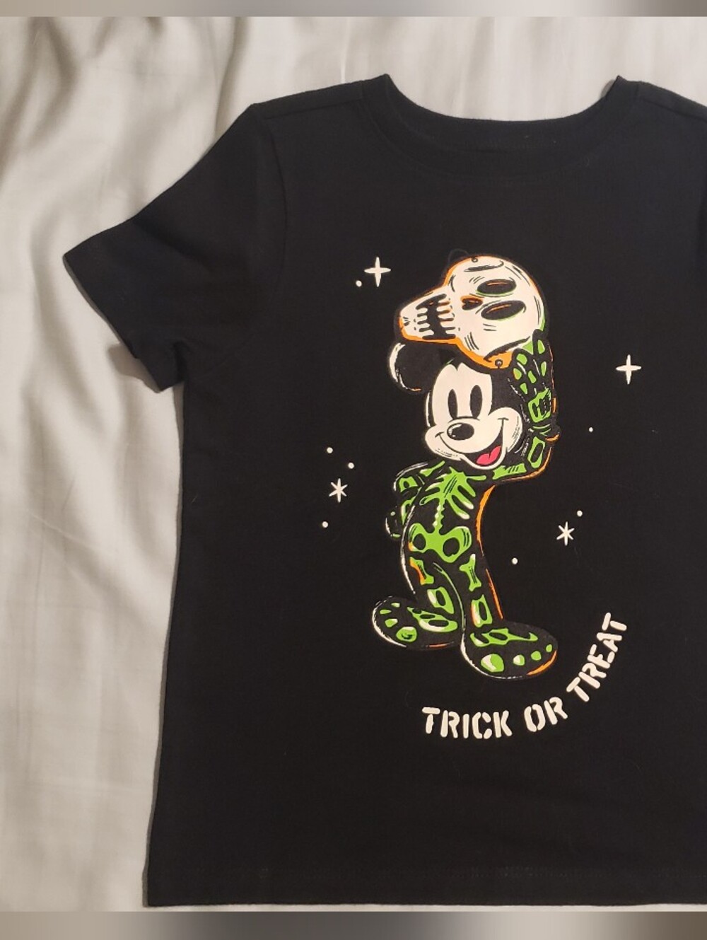 Old Navy Disney Black Tee with Green Skeleton Mickey and White Skull Graphic 4T